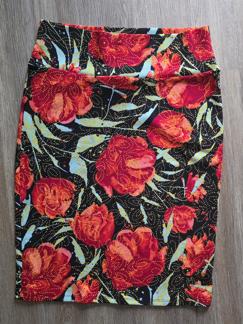 Black Pencil Skirt with Red Floral Print